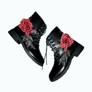Yoki Black Boots w/ Red Rose Embroidery